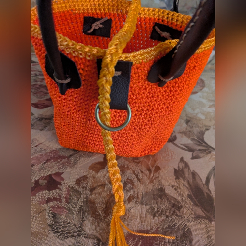 Handmade Crochet Bucket Bag Nylon Mason Line Bright Orange Brown Leather - Picture 10 of 16